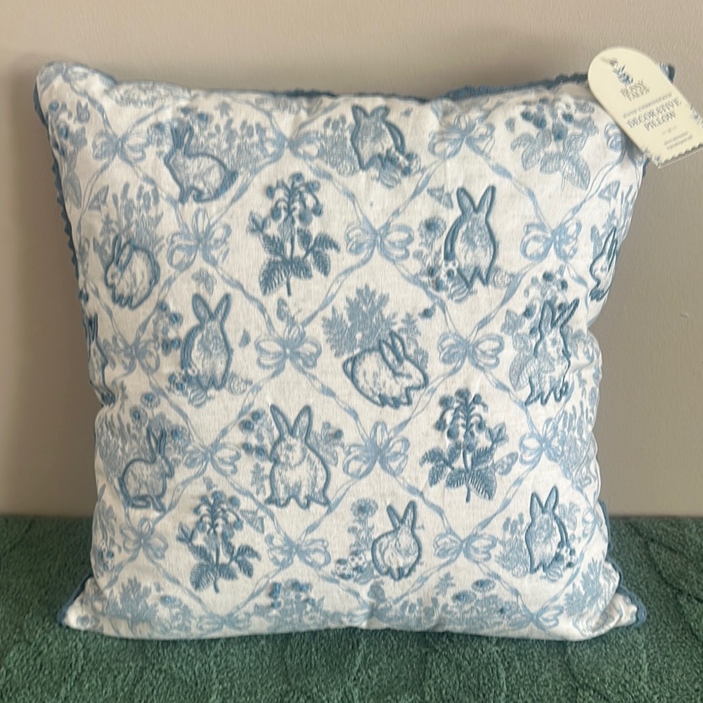 Envogue Embroidered Bunny Pillow Easter Blue & White NEW